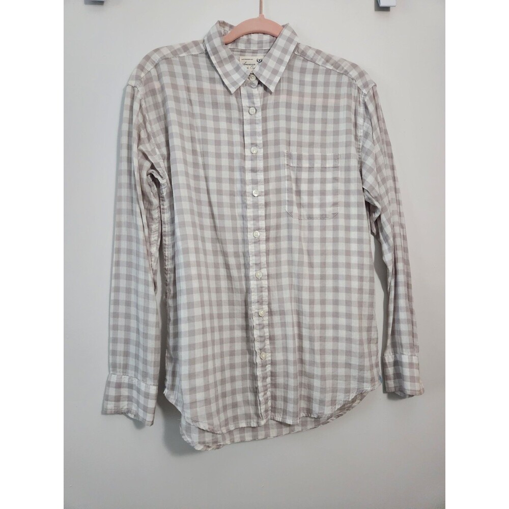 American Eagle Womens S Boyfriend Fit Gray Gingham Button Up Shirt Preppy Cotton